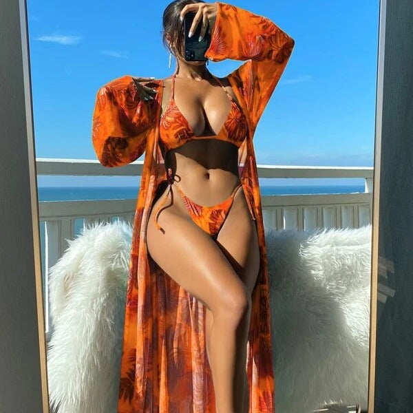 Dame Bikini-sæt med gennemsigtig kaftan og blomsterdesign Skovae
