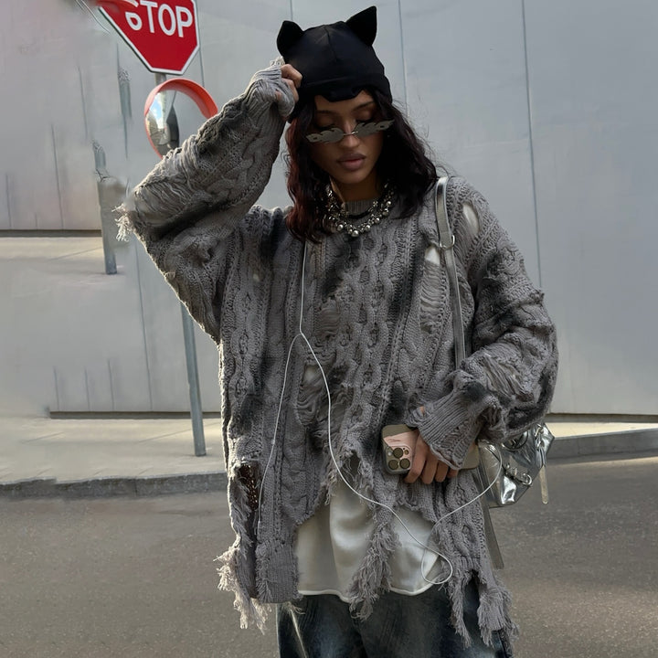Kvinders chunky strikket oversized sweater med frynser Stilla