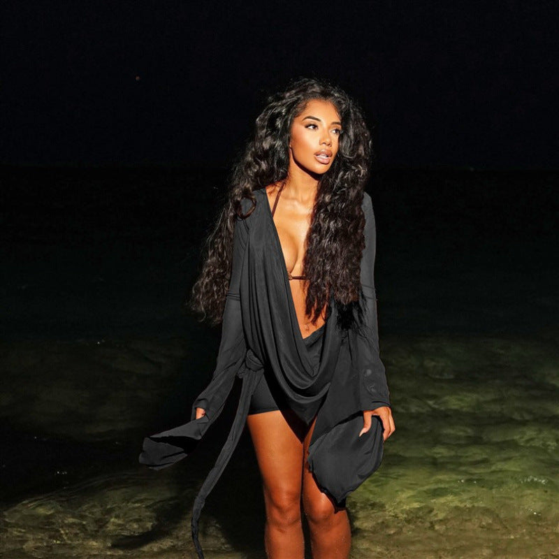 Damen Wickelkleid mit tiefem V-Ausschnitt und langen Ärmeln Skovae