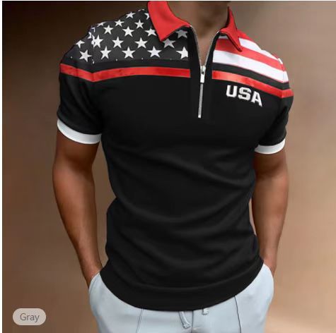 Herrer Zip-Up Performance Polo-Shirt med amerikansk flag-applikation Stilla