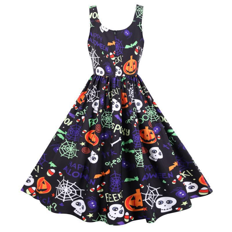 Kvindernes svingkjole med Halloween-motiver og elegant A-linje silhuet Stilla