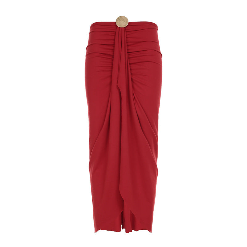 Damen eleganter Wickelrock mit glanzvollem Knopfdetail Skovae
