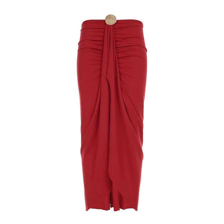 Damen eleganter Wickelrock mit glanzvollem Knopfdetail Skovae