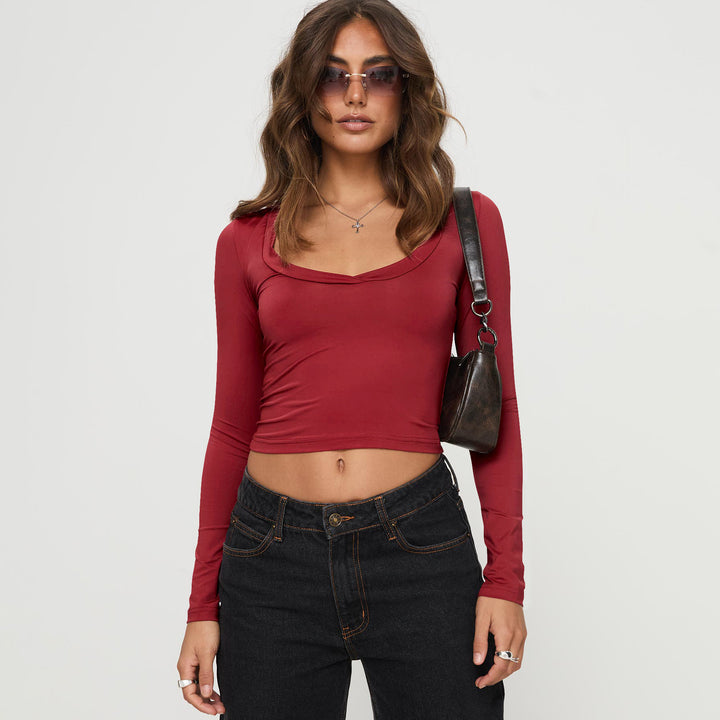 Dame højtaljede cropped top med kvadratisk brystudskæring og lange ærmer Stilla
