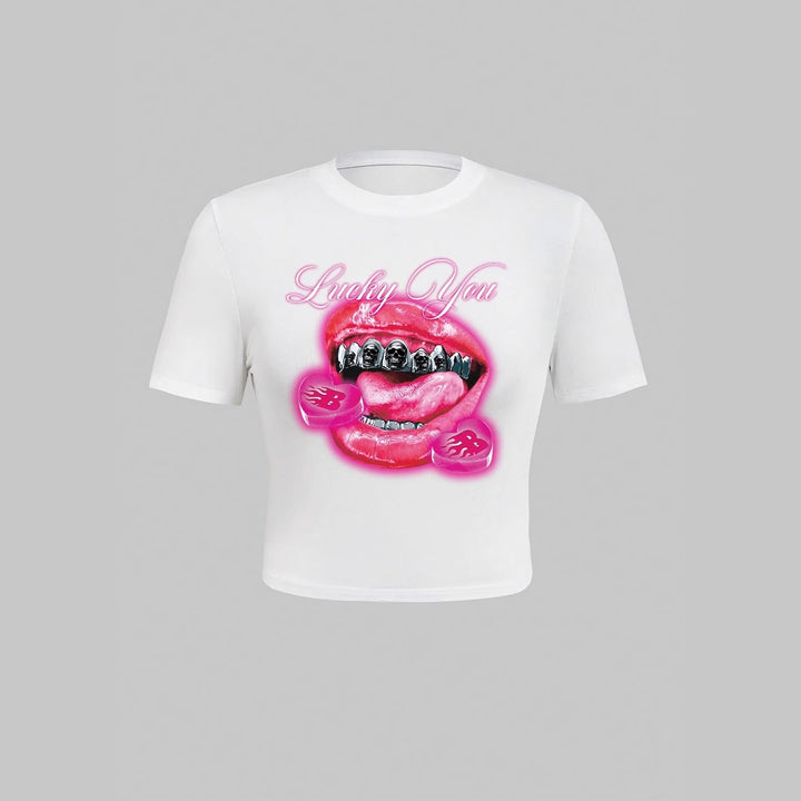 Dame T-shirt med kreativ læbemotiv og iøjnefaldende grafisktryk Skovae