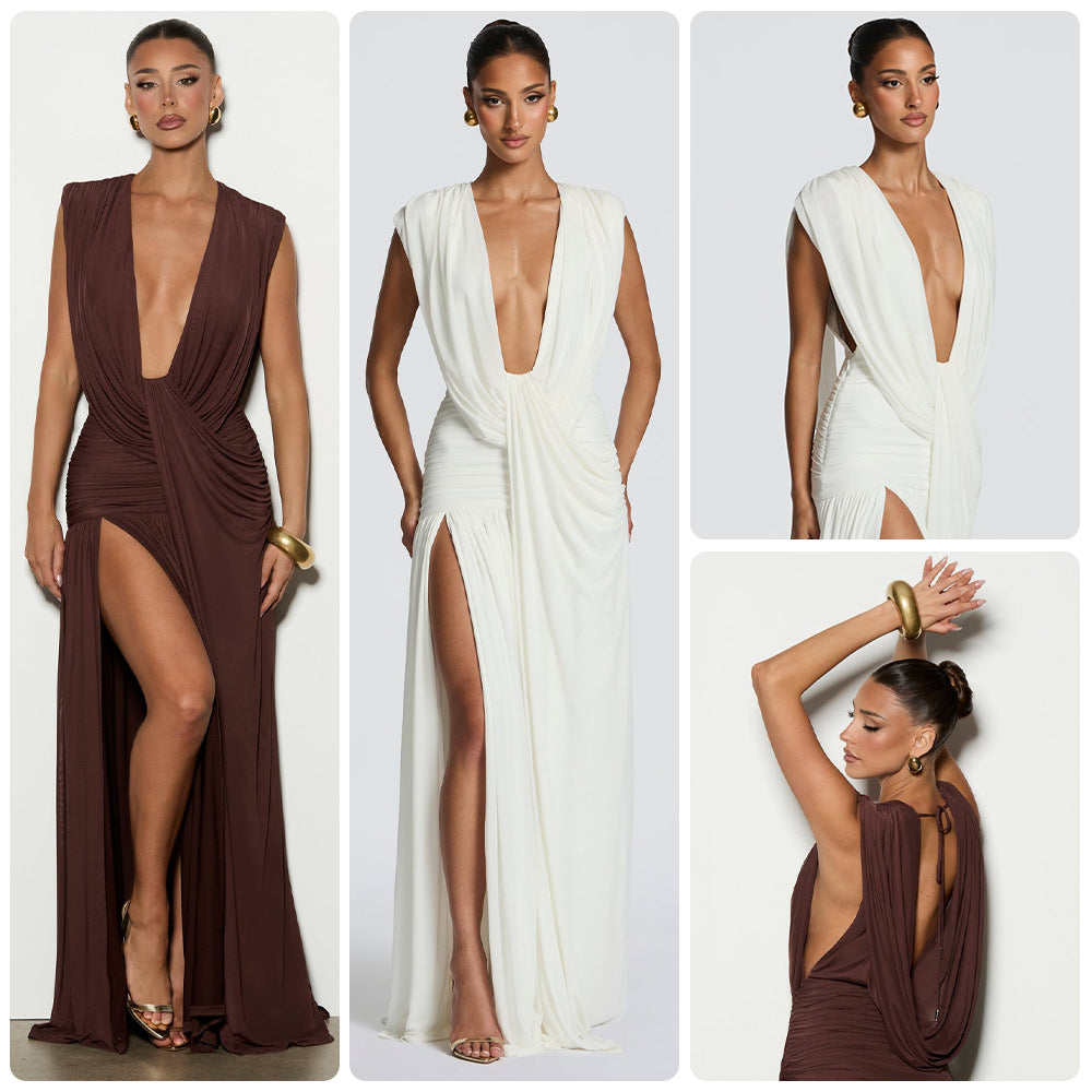 Damer Elegant Wrap Dress med Dyb V-Hals og Rynket Skirt