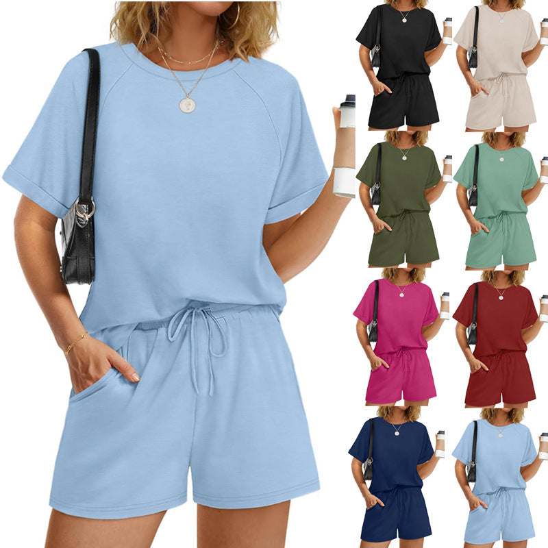 Damer afslappet kombination af T-shirt og shorts med elastisk linning Skovae