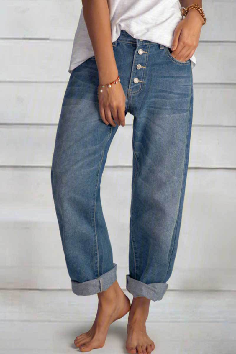 Kvinder Relaxed Fit Knaplukning Denim Jeans Stilla