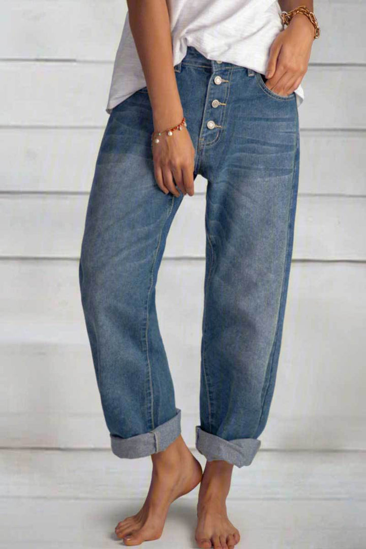Kvinder Relaxed Fit Knaplukning Denim Jeans Stilla
