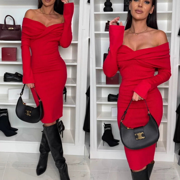 Dame Off-Shoulder Bodycon Midi Kjole Stilla