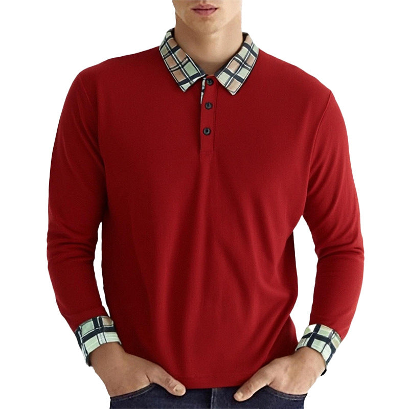 Herren nan figurtilpasset Langarm-Poloshirt med ternet krave- og manschettbesætning Skovae