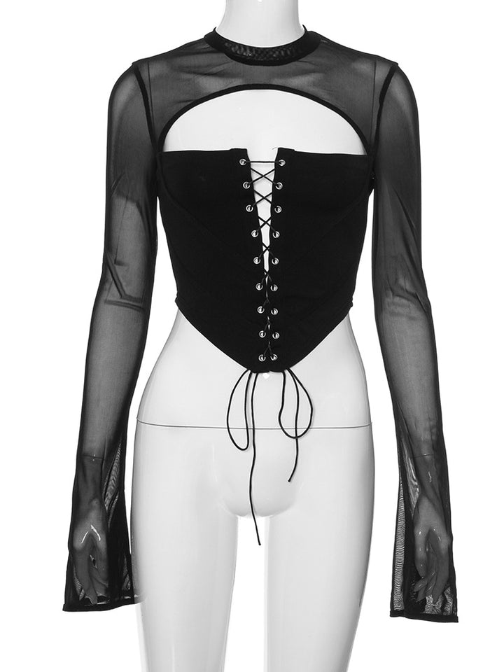 Dame Elegant skåret top med transparente ærmer og snørredetaljer Stilla