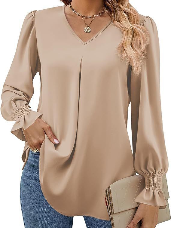 Dame elegant bluse med V-udskæring og voluminøse ærmer Stilla