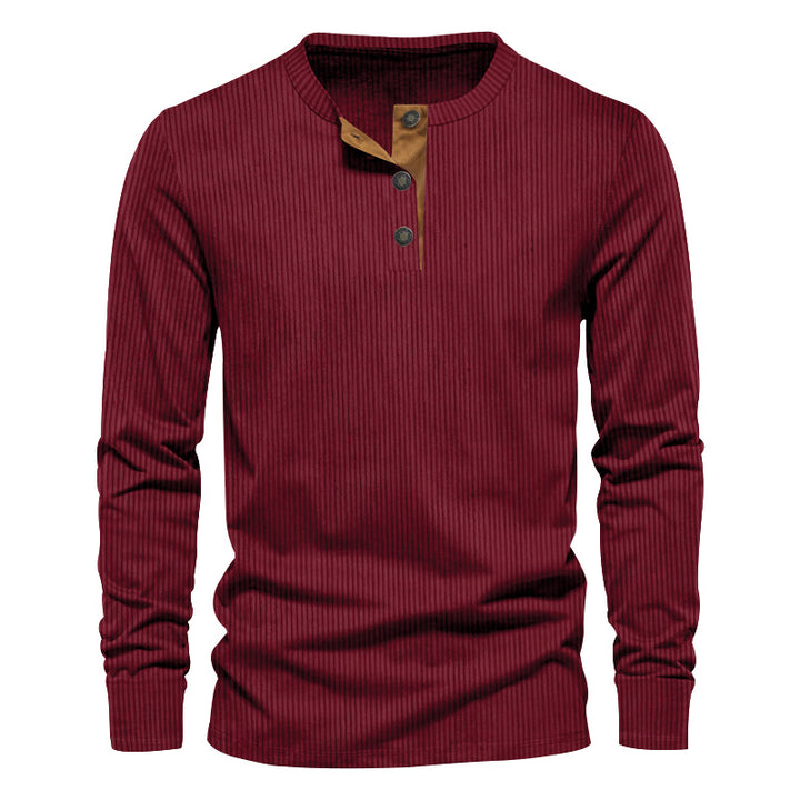 Herren nan ribbet Thermo-Henley med kontrastknapliste og ribbede manchetter Skovae