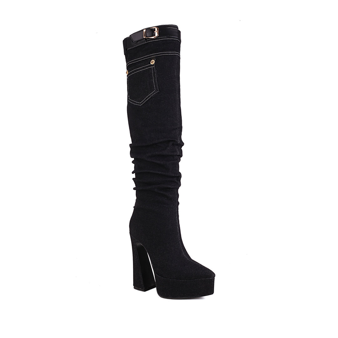 Femme Slouchy Denim Over-knæ Plattformstøvler Stilla