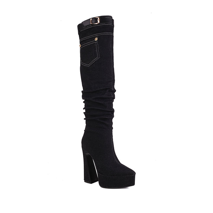 Femme Slouchy Denim Over-knæ Plattformstøvler Stilla