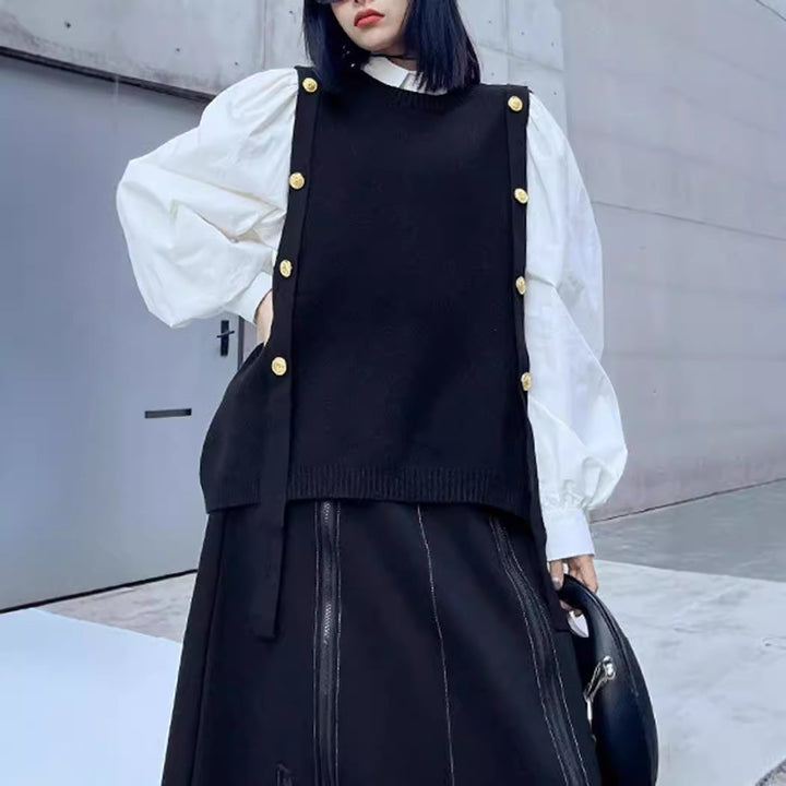 Dame Mode Strikpullover med dekorative knapper Stilla