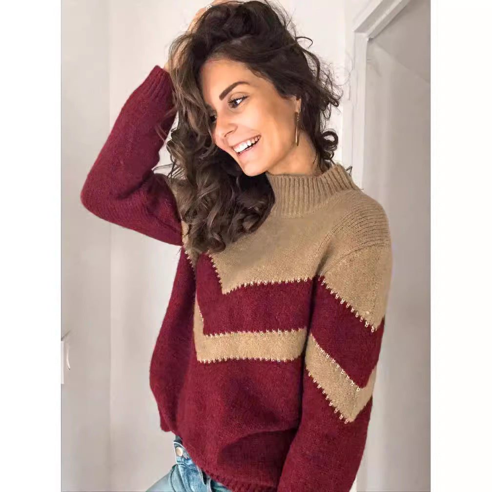 Kvinders strikket sweater med V-hals og kontrasterende zigzag-design Stilla