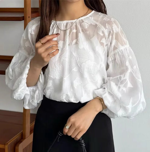 Dame Gennemsigtig Blomster Puffærmer Bluse Stilla