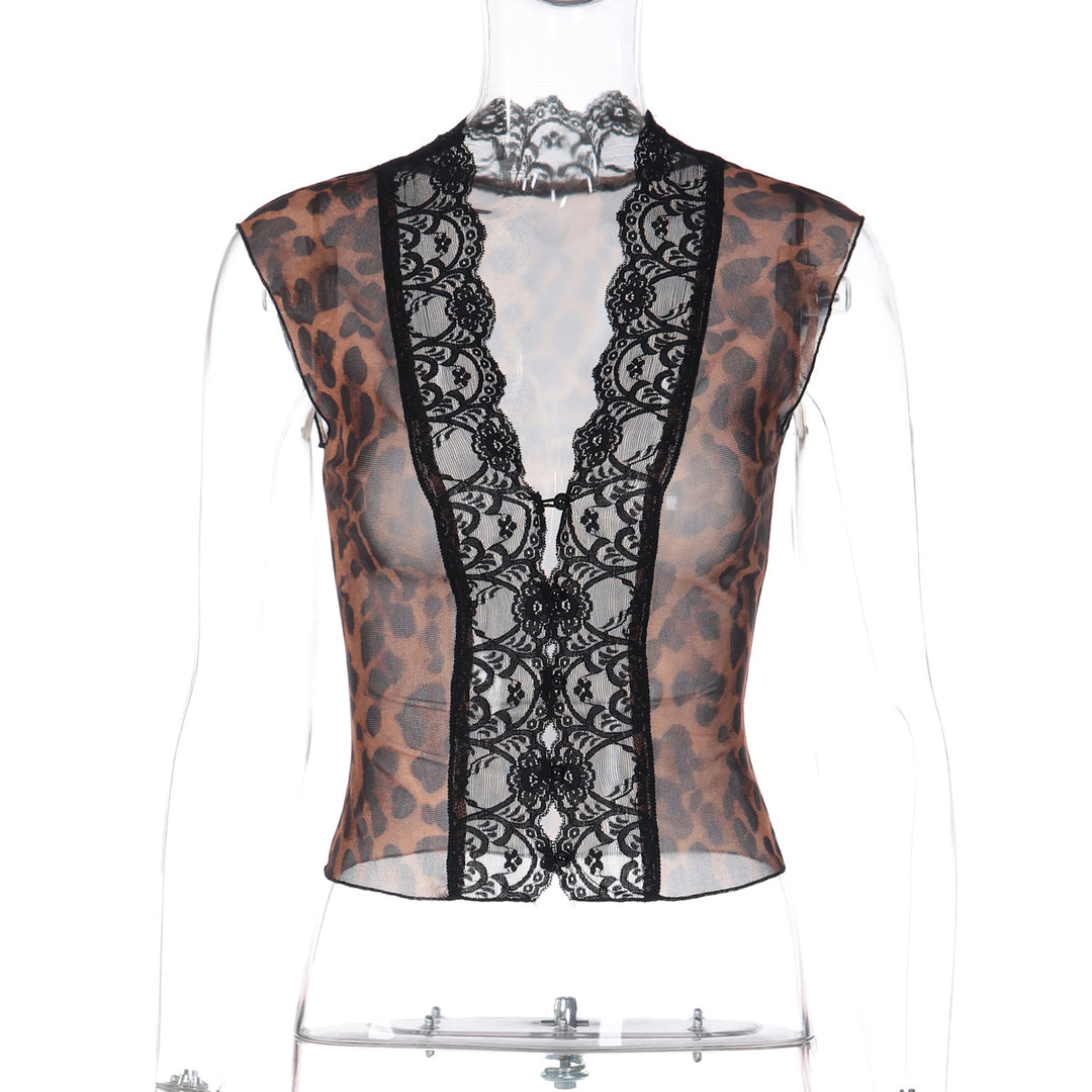 Dame Transparent Spidsbluse med Leopardmønster Skovae 1778568971