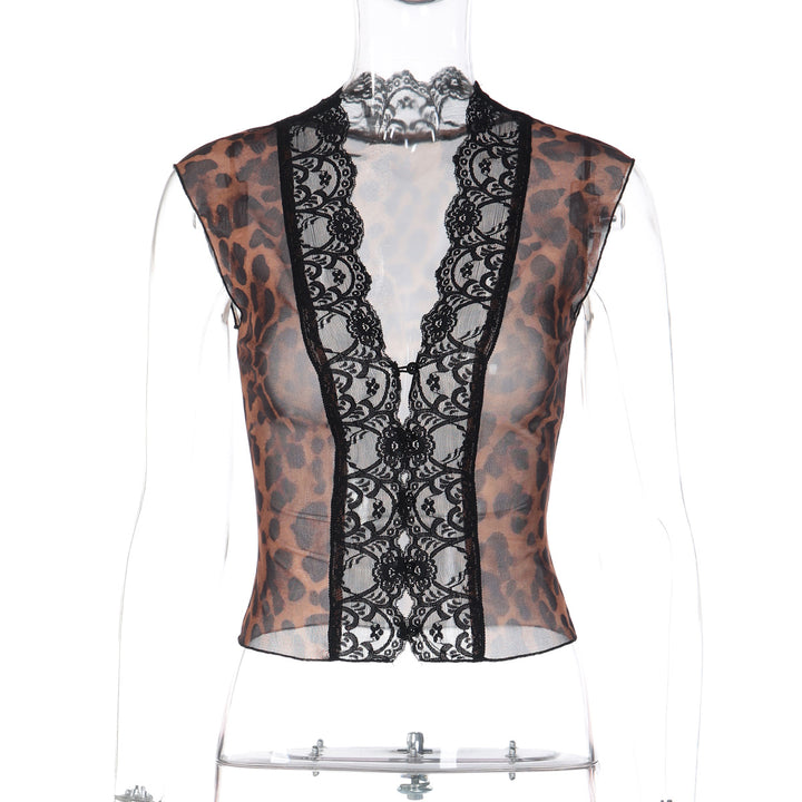 Dame Transparent Spidsbluse med Leopardmønster Skovae 1778568971