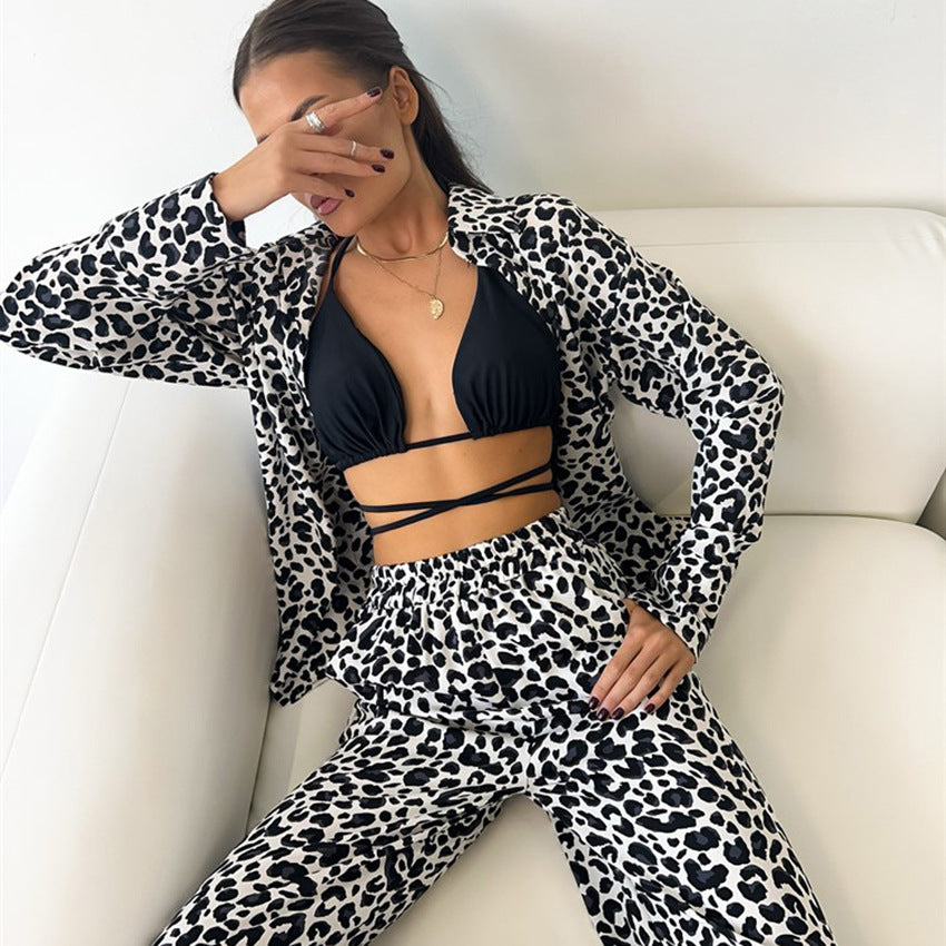 Damer fritid-loungewear-sæt med leopardmønster og elastisk talje Stilla
