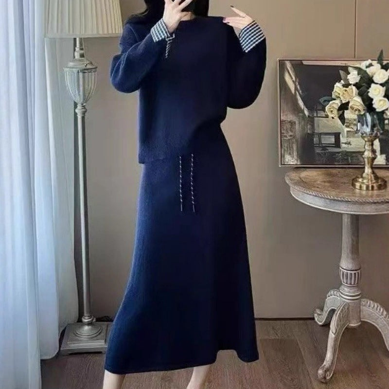 Dame Elegant Strikkjole med Aftagelig Blusekrave og Snøre
