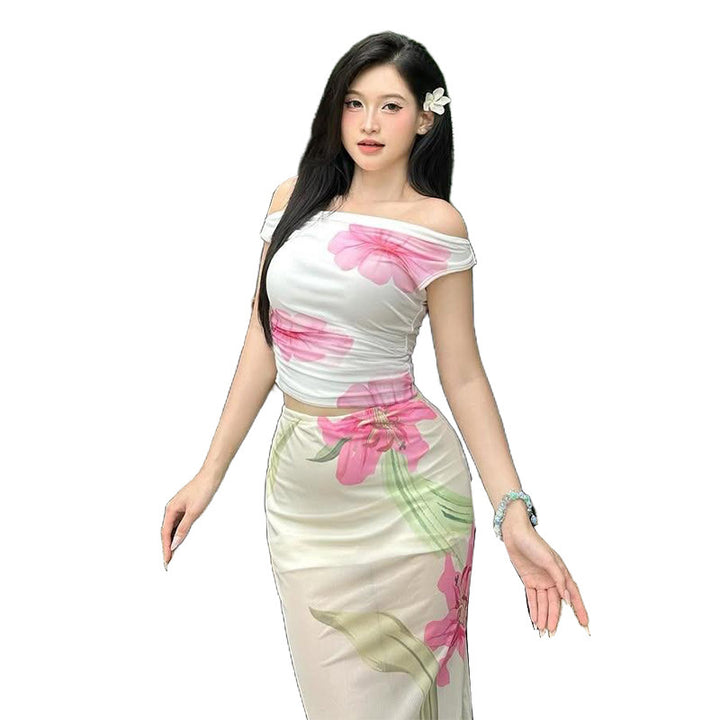 Dame Off-Shoulder Top med blomsterprint og figursyet snit Stilla