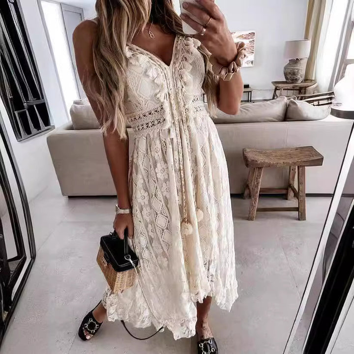 Dame Boho-maxikjole med spidsdetaljer og dekorative kvaster Skovae