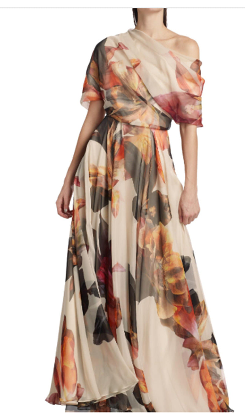 Kvinder elegant chiffon kjole med off-shoulder design og blomster mønster Skovae