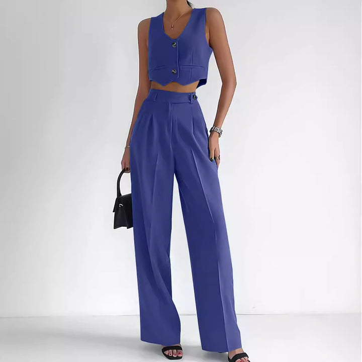 Dame Fashionable To-del-set med figursyet overdel og elegante, brede bukser Stilla