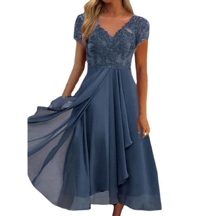 Dame Elegante Chiffon Aftenkjole med Spidstop og Bred Skørt Stilla