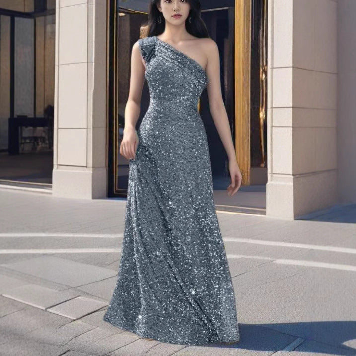 Dame Glamorous Maxi Kjole med Off-Shoulder Design og Funklende Pailletter Skovae