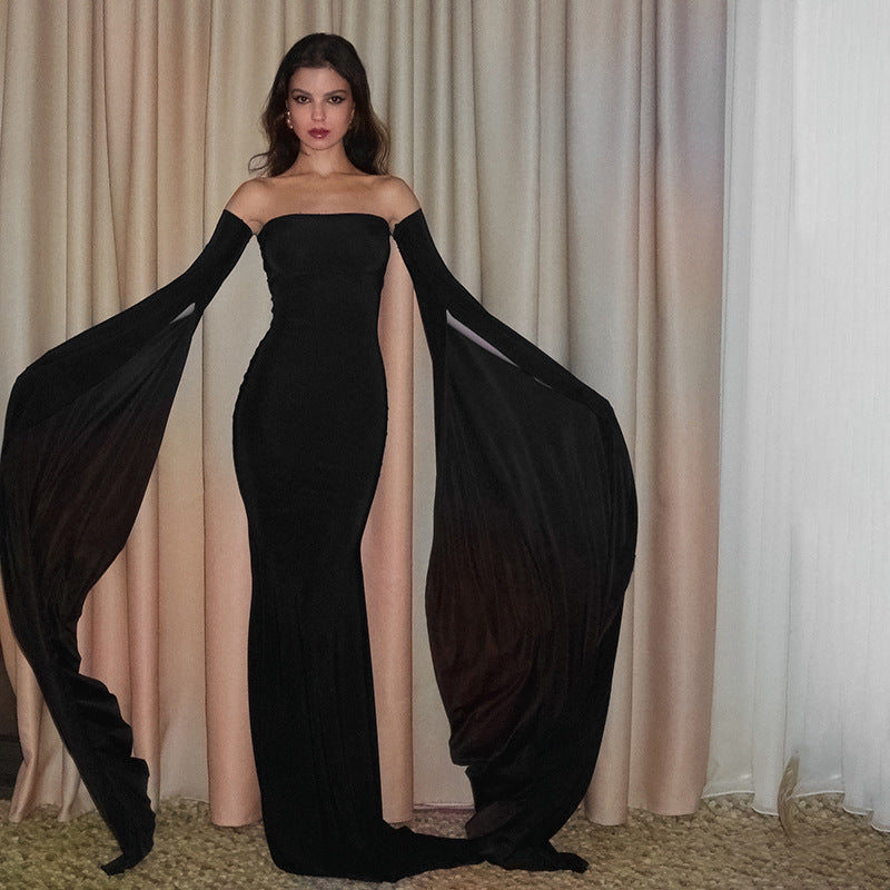 Dame Strapless Aftenkjole med flydende Cape-ærmer Stilla