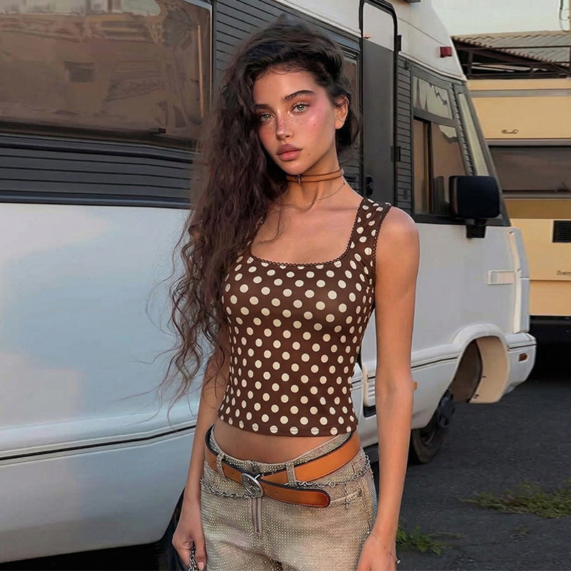 Dame Polka-dot cropped top med kvadratisk U-hals og elastisk talje Skovae
