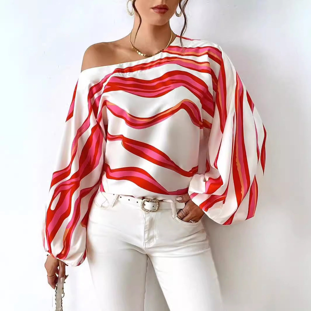 Dame Off-Shoulder Satin Bluse med ballonærmer Stilla