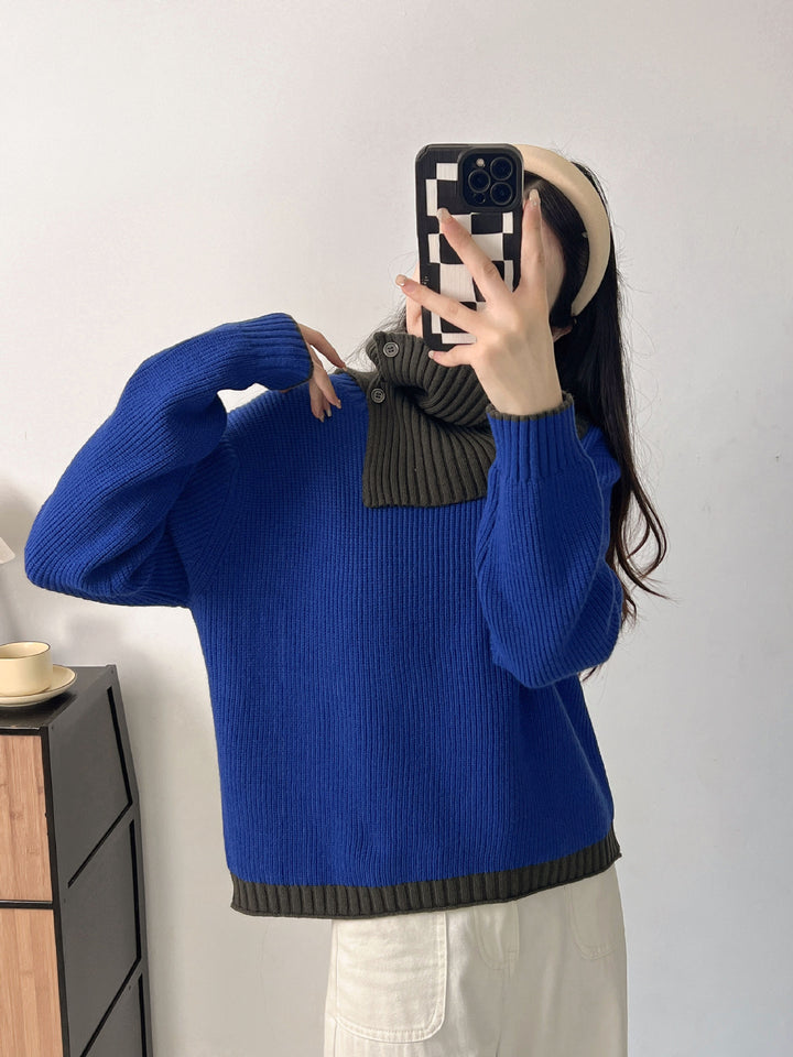 Damer Trendy Strikket Sweater med Krave og Knapdetalje Stilla