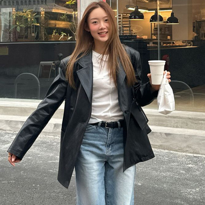 Dame Oversized Kunstlæderblazer med moderne snit og elegante lommer Stilla