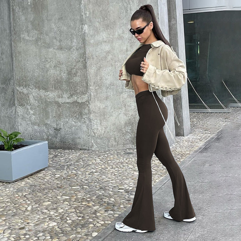 Dame Langærmet Cropped Top og Flared Bukser Sæt Skovae