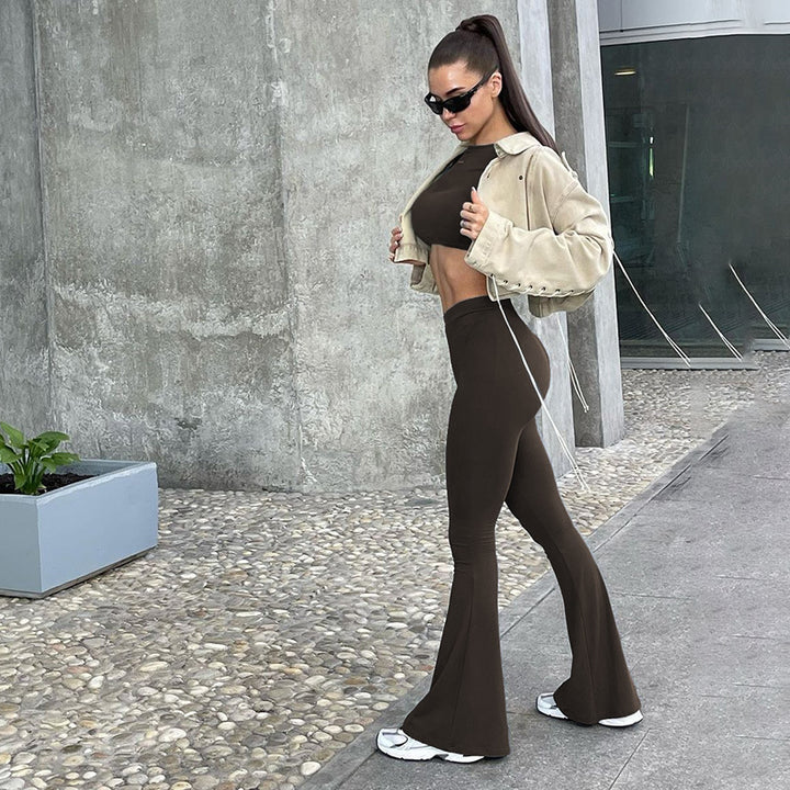 Dame Langærmet Cropped Top og Flared Bukser Sæt Skovae