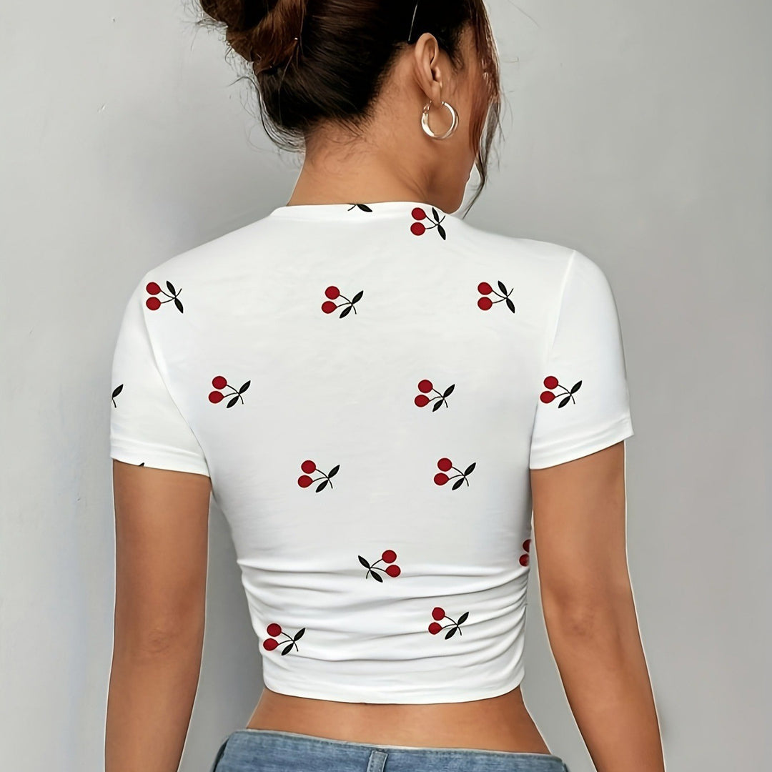 Dame Crop-T-Shirt med friske kirsebærmotiv og figursyet snit Skovae