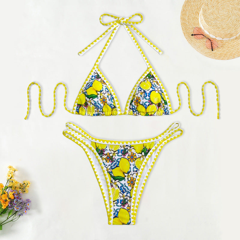 Dame triangel-bikini med glad citrusmønster Skovae
