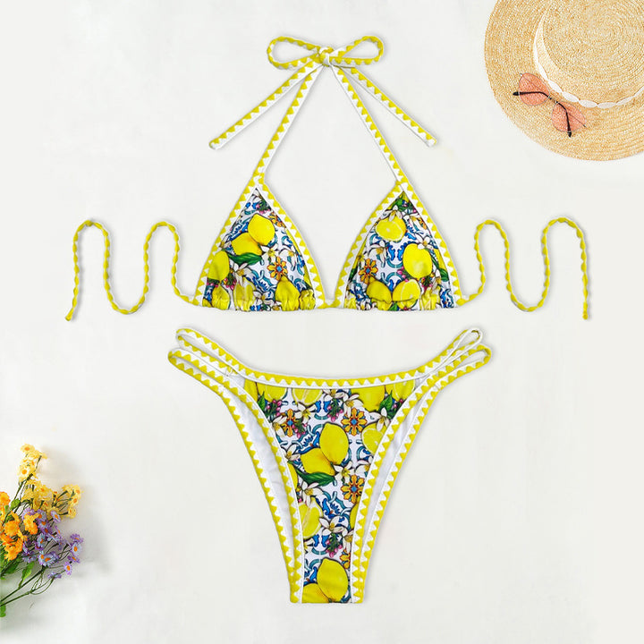 Dame triangel-bikini med glad citrusmønster Skovae