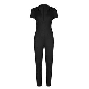 Dame figursyet jumpsuit med krave og kort ærme Skovae