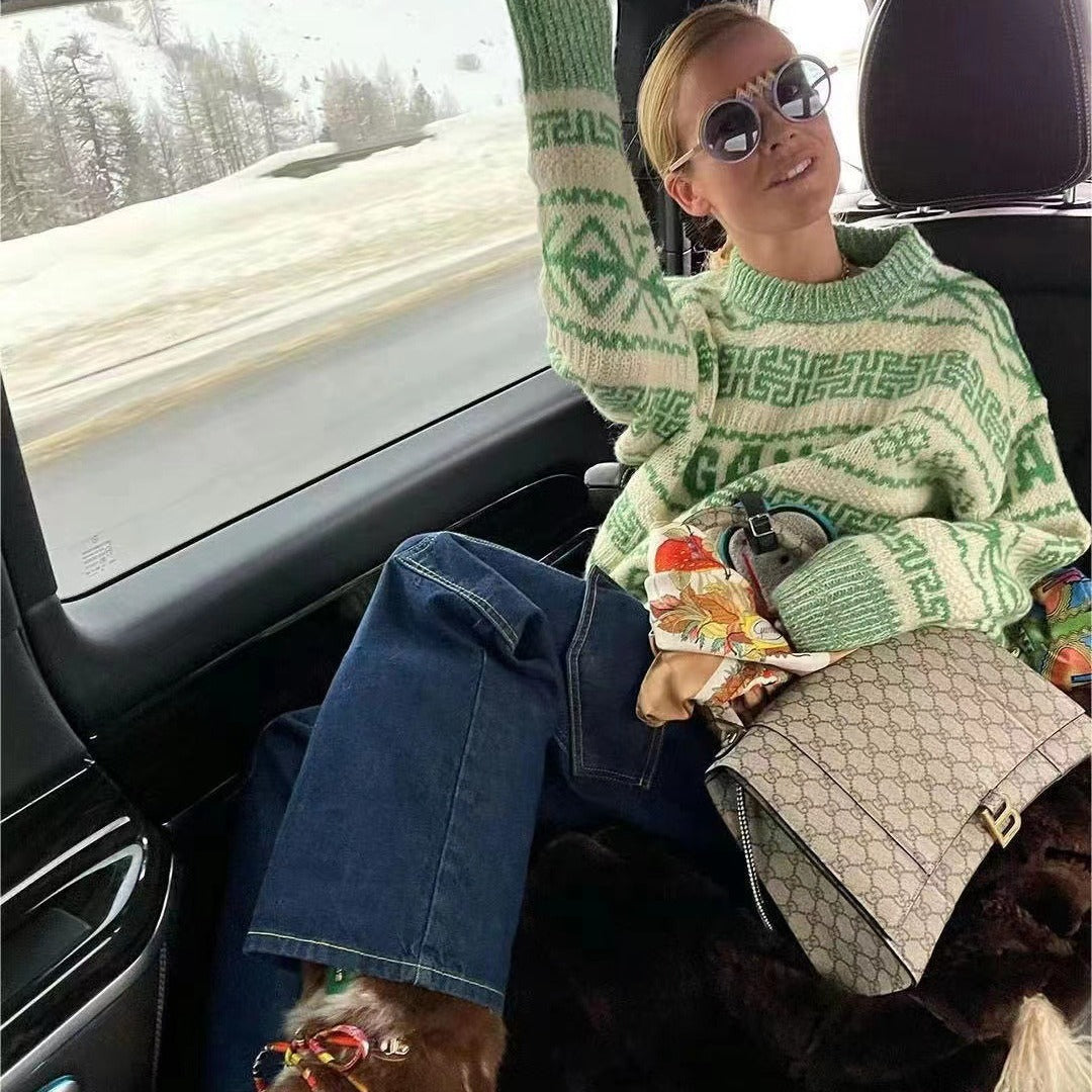 Dame Oversized Strikpullover med grafisk mønster og høj komfort Stilla