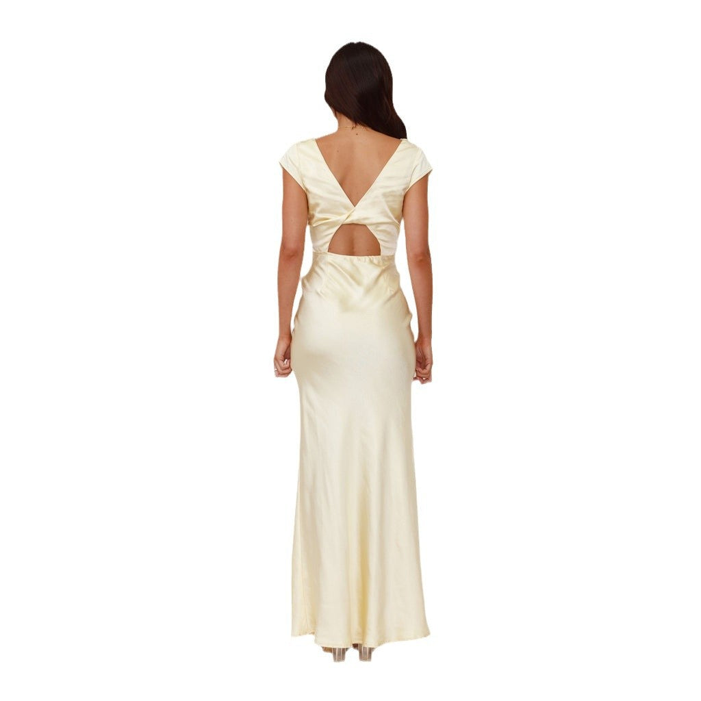Dame Elegant Maxikjole med Dybt V-Udskæring og Strømmende Satin-Finish Skovae