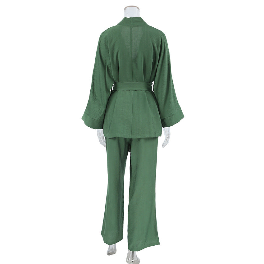 Dame trendy loungewear-sæt med bred kimono-overdel og løs bukser Stilla