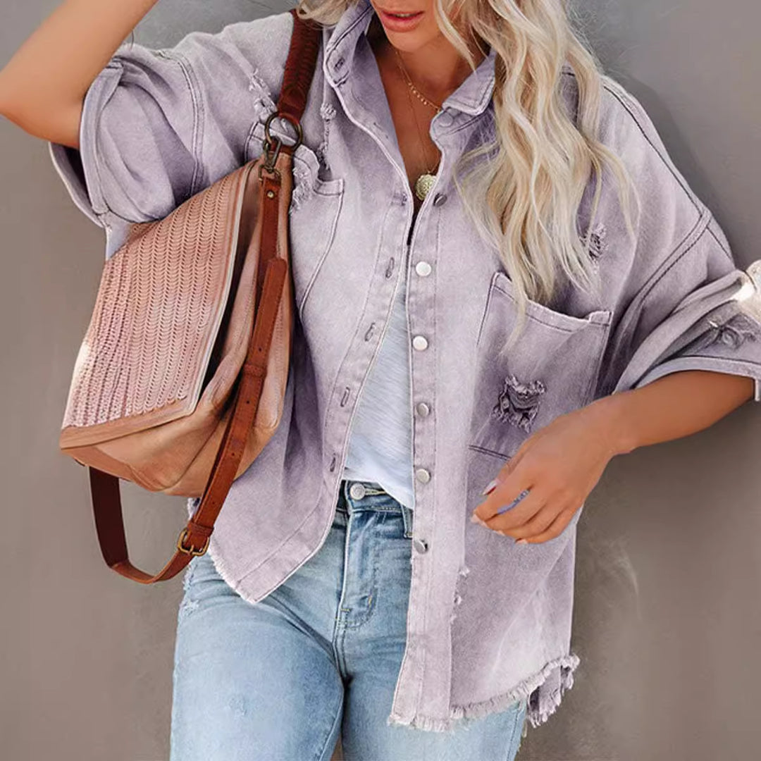 Dame Oversize Denimjakke med rynke og frynset kant Stilla