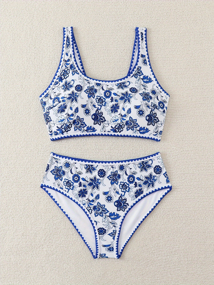Dame højtaljede bikini-sæt med blomstermønster Skovae