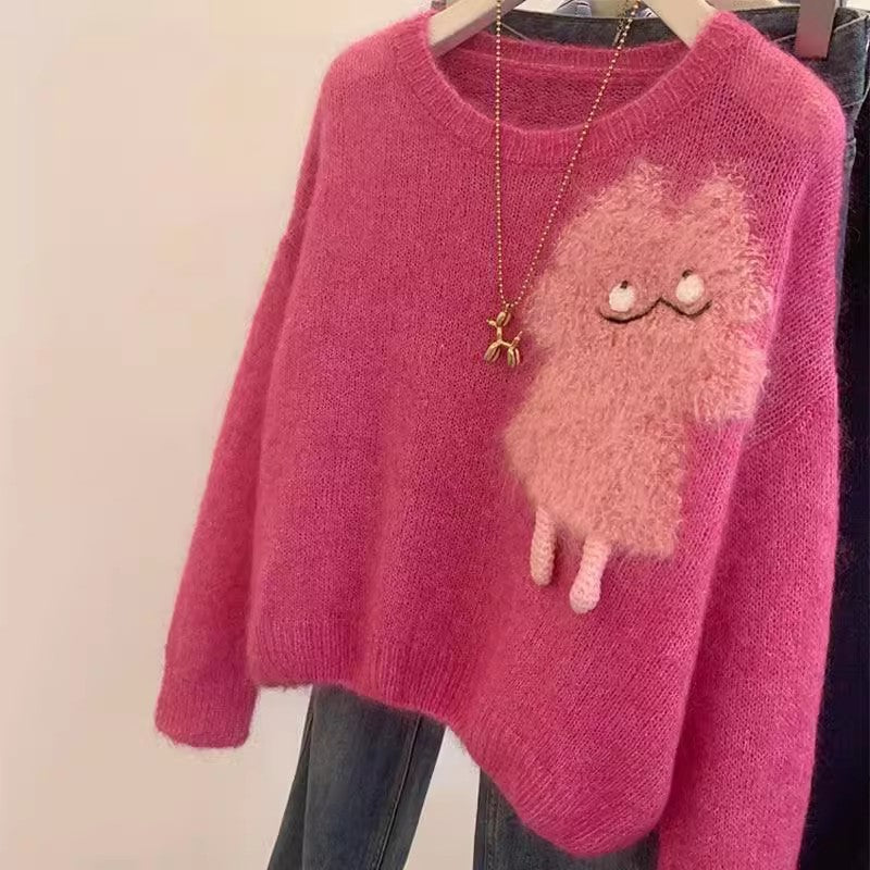 Dame hyggelig sweater med cartoon-applikation og blødt materiale Stilla